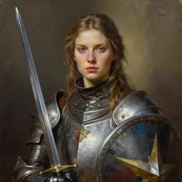greg manchess oil matte portrait painting, ukrainian female knight with beautiful face, sword and shield, wonderful masterpiece highly detailed, scifi, beautiful cinematic light deep focus, elegant, digital painting, smooth, sharp focus, golden ratio, dramatic illumination, ultra realistic, 4 k, art by greg rutkowski wlop rossdraws
