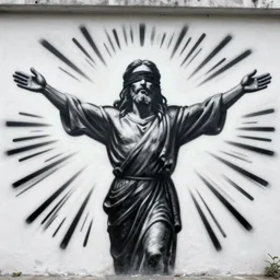 black graffiti spray-paint mural of blindfolded Jesus, arms outstretched, rays of light emanate from his fingers, painted on a concrete wall by Minerva Teichert, Portra 400