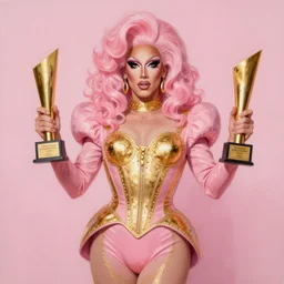 illustration of a masculine drag queen, light pink, gold color scheme, artgerm, cushart krenz, artstation, soft light, sharp focus, award - winning, 4 k, 8 k, broad - brush, oil, symmetrical, digital art, character design, concept art