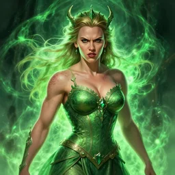 angry muscular scarlett johansson as queen bavmorda, magical green aura, d & d, fantasy, intricate, elegant, highly detailed, digital painting, artstation, concept art, smooth, sharp focus, illustration, art by artgerm and greg rutkowski and alphonse mucha