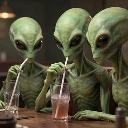 aliens brainsuckers in restaurant drinking brains from glass with a straw, perfect face, fine details, studio lighting, subtle shadows, art by katsuya terada, photorealism, hyper realism, octane render, hyper detailed, canon eos r 3, f / 1. 4, iso 2 0 0, 1 / 1 6 0 s, medium shot, 8 k, raw, unedited, in - frame,