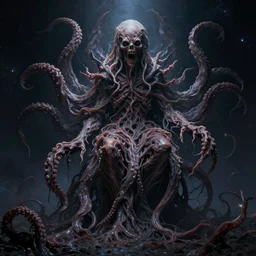 a horrifying god in the form of a mass of amorphous tentacles in the abyss of deep space, photorealistic, detailed photography, divinity, awful, cosmic horror, religious art