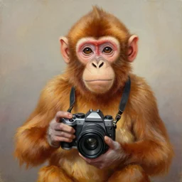 Portrait of an Emo monkey holding a camera, oil painting