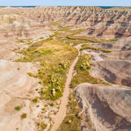 aerial overhead shot of beautiful badlands dirt with tuftgrass, mixedgrass prairie in a colorful vector art style
