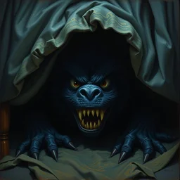 under the bed a big monster hides, scary, furry, big eyes, sharp teeth, dark, dramatic lighting, pixar bedroom scene, cinematic, highly detailed, highly realistic painting by caravaggio and van gogh and artgerm
