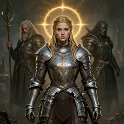 Elisha Cuthbert as a Elden Ring warrior masterpiece, steel armour, centred symmetrical portrait, golden halo behind her head, by Edgar Maxence and Ross Tran, distaw Beksinski, and Michael Whelan, distant, gustav dore, H.R. Giger, 8k, octane render