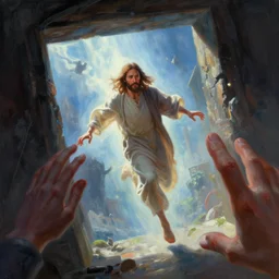 jesus looking into a portal hopping and time warping with reckless abandon, the hand of God is reaching out, dramatic scene, masterpiece digital painting by Greg Rutkowski, Alex Grey, artstation, 4k wallpaper, pixar poster
