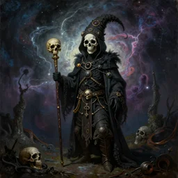 grim-hatter, skull cane, voodoo ritual gear, matte painting art from goya and pirner, cursed oil painting, cosmic nebula color tones