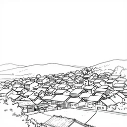 a village, view from sky, line drawing, no - shadow, black and white, by makoto shinkai takashi takeuchi studio ghibli, akihiko yoshida