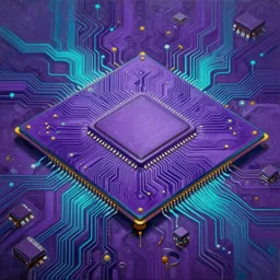 an intricate computer chip. purple circuit board. teal traces and microchips. gold accents. epic oil painting