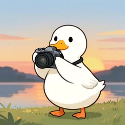a duck who's a photographer, duck is holding a camera, with sunset in the background, animated, digital art