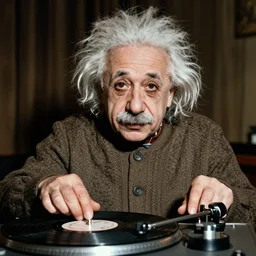 photo of Albert Einstein DJing a record player, vintage, highly detailed facial features