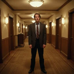 photorealistic ultra wide cinematography of the character danny torrance played by danny lloyd from stanley kubrick's 1 9 8 0 film the shining standing in a hallway of the overlook hotel's ballroom starring right at the camera shot on 3 5 mm eastman 5 2 4 7 film by the shining cinematographer john alcott shot on a wide kinoptik tegea 9. 8 mm lens. with golden ratio composition