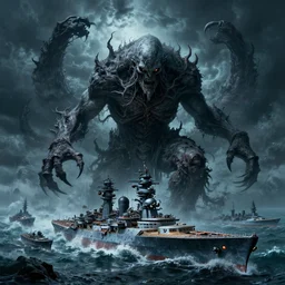 an ultradetailed illustration of cthulu destroying a fleet of battleships, cthulu, ominous and scary, dark thunderstorm, lovecraftian horror, monster from beneath the waves, intricate detail, cinematic, 8 k, cel shaded, volumetric lighting, octane render, art by jeong seon and albert bierstadt