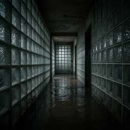 flooded hallway with glass brick walls, dark, creepy, eerie, liminal, liminal space,