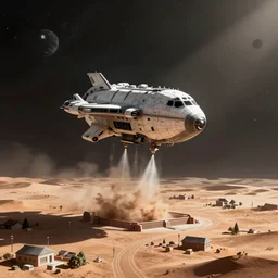 a single cargo spaceship taking off seen from the surface of a small town on a desert planet, star wars, digital art, trending on art station