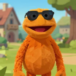 bip bippadotta in osrs, orange fuzzy muppet, screenshot, wearing sunglasses, lumbridge, low poly