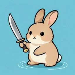 a cute fluffy rabbit wielding a flint knife in water in a lowbrow, pop surrealism art style