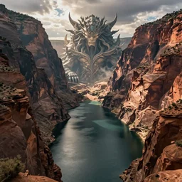 A humongous canyon with a massive lake in it. At the end of the canyon is a massive eldritch monster that is smaller than the canyon but still massive.
