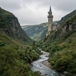 A photorealistic image of a wizard's tower in a lush valley. A river runs through the valley.
