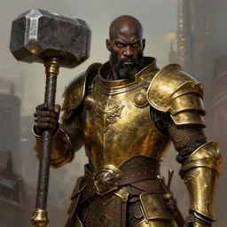steampunk warrior, giant hammer, portrait, brass metal armor, buff, black skin, brown eyes, bald, badass beard, urban city at background, high fantasy, tech, digital painting, highly detailed, smooth, sharp contrast, by artgerm and greg rutkowski and alphonse mucha, artstation