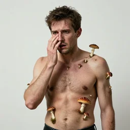 a man with mushrooms sprouting from his skin who looks distressed. in the style of franz kafka'the metamorphosis '. trending on artstation.