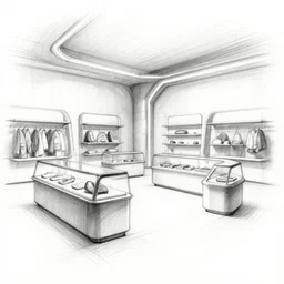 rough pencil sketch, futuristic store interior with display tables, by krenz cushart