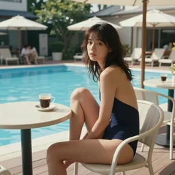 home video footage, a woman in a swimsuit sits on a white chair in a cafe lounge at a public swimming pool facility in japan ; coffee is on the table. water, tree ; daylight, summer, color vhs picture quality