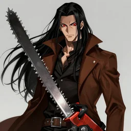 illustration of a handsome male vampire by tatsuki fujimoto, long black hair, glowing red eyes, brown coat, chainsaw sword