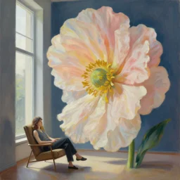 closeup, huge flower head, woman sitting on comfy lounge chair by a tall window, surreal photography, studio light, impressionist painting, digital painting, artstation, simon stalenhag