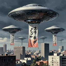 ufos flying mysterious banners over the city, brutalist, by mati klarwein and moebius