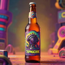 advertise photo of a beer bottle, beer is called tripmachine, realistic digital art, label on the bottle is printed with a 3 d render of a huge futuristic steampunk generator, 8 k, fluorescent colors, halluzinogenic, multicolored, exaggerated detailed, unreal engine