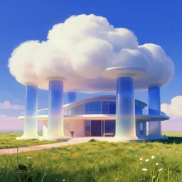 a house in a meadow with giant columns and puffy clouds in a blue sky. slick, retrofuturistic design. deep colorful soft gradients, and translucence. pre - 2 0 0 0 s era. vintage computer art, early computer graphics. by stanislaw fernandes and eyvind earle