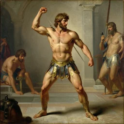 muscular male gladiator, roman baths painting by gaston bussiere, craig mullins, j. c. leyendecker