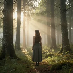 a woman in magic carpathian forest at dawn filled with the gentle rays of the sun in a misty morning haze. alpine miracle available to anyone who at the dawn take a walk after the rain