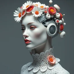 beautiful stunning biomechanical woman portrait with a smooth porcelain ivory profile face, futuristic haute couture, iris van herpin, laser cut paper lace collar, headdress made of daisies, sponge corals, mushrooms, puffballs, white red rhizomorphs, cyberpunk metallic brackets, octane highly render, 8 k, epic lighting