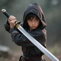 a beautiful cinematic image of a hooded boy wielding a sword, cinematic, 4k, realistic, anime artwork, rtx, hyperrealistic, unreal