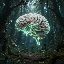 a weird magical forest with a giant glowing brain growing at the center. Highly detailed. 8k. Fantasy horror.