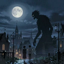 a monster silhouette in the sky. a victorian city, scene in a rainy night. full moon, 1 8 9 0, key visual, conceptart, ambient lighting, highly detailed, digital painting, artstation, concept art, sharp focus, by makoto shinkai and akihiko yoshida and greg manchess