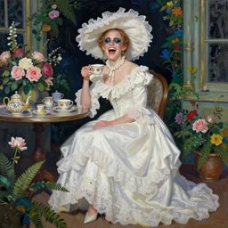 laughing mouth open thick paint brush strokes full body fashion model emma watson by Jeremy Lipking by Hasui Kawase by Richard Schmid (((smokey eyes makeup eye shadow fantasy, glow, shimmer as victorian woman in a long white frilly lace dress and a large white hat having tea in a sunroom filled with flowers, roses and lush fern flowers ,intricate, night, highly detailed, dramatic lighting))) , high quality