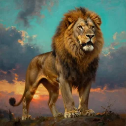 muscular lion as barbarian hunter, full body human legs , backlight  body , extreme very textured detailed oil painting by rembrandt, sunset, dramatic clouds and cyan atmosphere