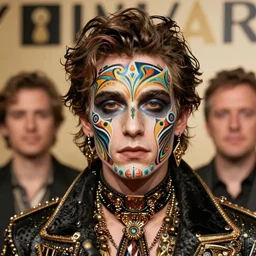 an award finning closeup facial portrait by akseli kallen gallela luis royyo and john howe of a bohemian male cyberpunk traveller clothed in excessivelyg fashionable 8 0 s haute couture fashion and wearing ornate art nouveau body paint
