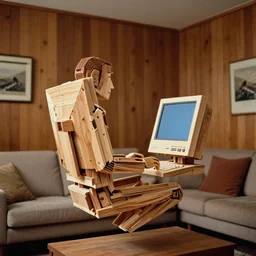 realistic photo portrait of the a human computer made of wooden fragments levitating in the living room wooden walls 1 9 9 0, life magazine reportage photo