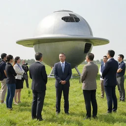 group of people, politicians, and reporters standing in a grassy field around a spherical starship.