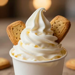 soft serve ice cream swirl in a cup. food photography. cookies on top. cinematic, delightful, tasty, beautiful, great lights in behind. realistic. details. canon ef - s 3 5 mm f / 2. 8 macro is stm