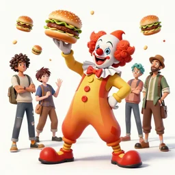 eccentric clown play magic with hamburger, extremely detailed, sharp focus, wide view, full body shot, smooth, digital illustration, by james jean, by rossdraws, frank franzzeta, mcbess, sakimichan, brosmind, steve simpson