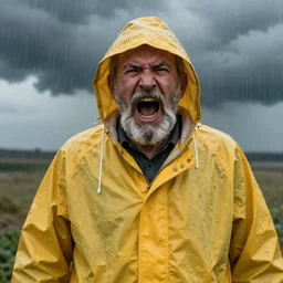 an old man with a beard and a tense facial expression is yelling loud in an old fashioned yellow rain coat and rain hat. a storm is coming in the background, clouds visible. it's already raining. 4 k. portrait. s hard lighting. 3 5 mm. nikon.