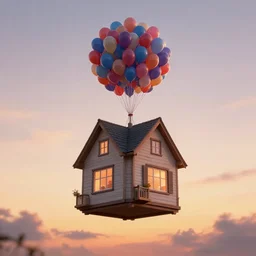 a house floating in the skies with balloons on top of it, sunset