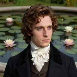 detailed cinematic studio portrait of a young victorian gentleman in a beautiful victorian water pond, water lilies, high quality by jeremy mann, only one head single portrait