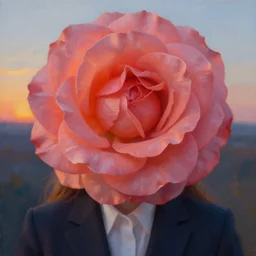 closeup, huge rose flower face, frontal, girl in suit, surreal photography, sunrise, dramatic light, impressionist painting, digital painting, artstation, simon stalenhag